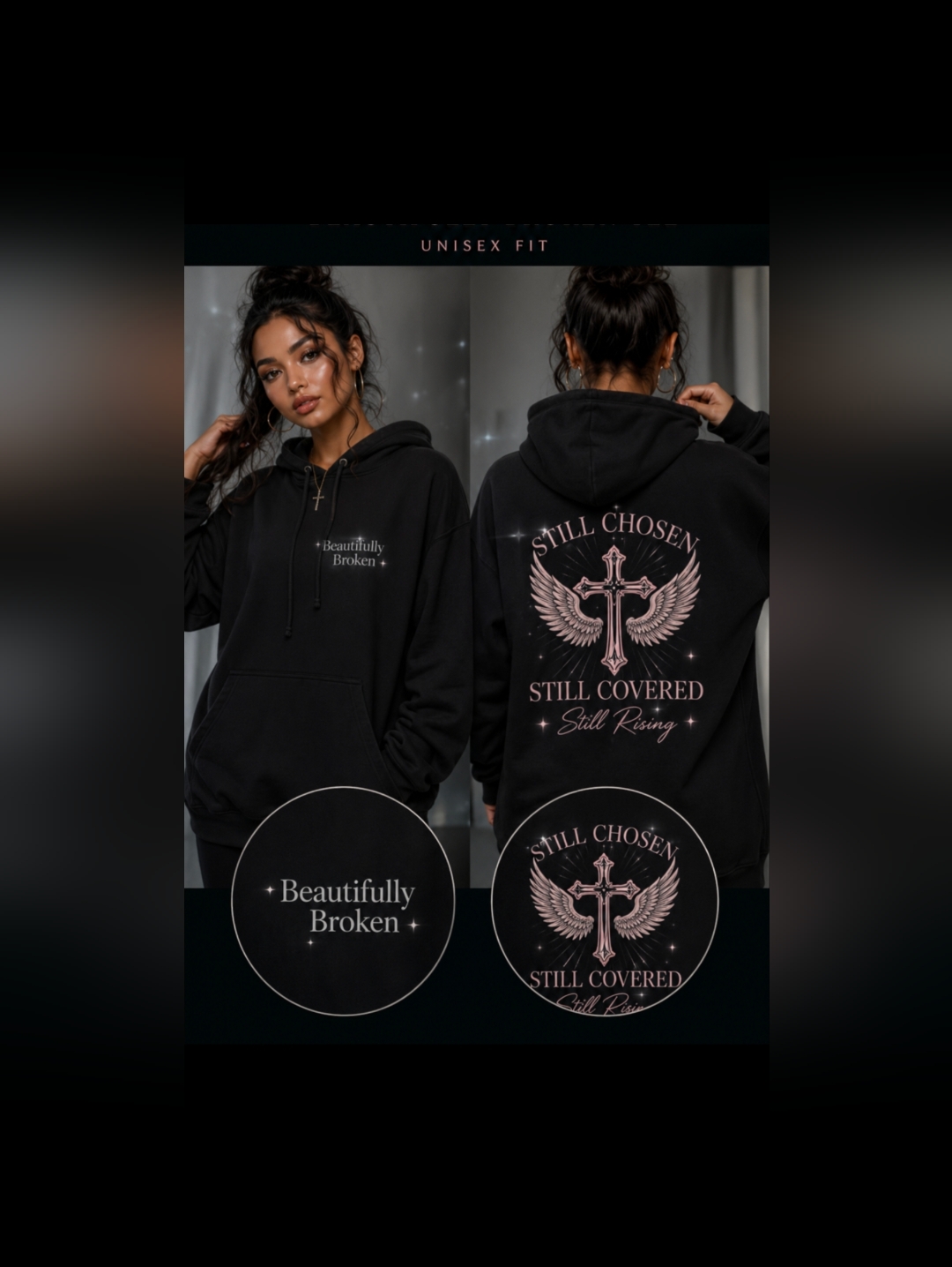 Black Beautifully Broken Graphic Hoodie With Pink Cross Wings